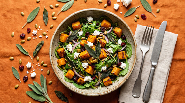 Healthy autumn salad with butternut squash, goat cheese, cranberries, and pumpkin seeds.