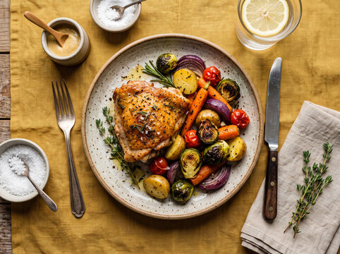 Roasted chicken thigh with colorful vegetables, served on white plate with lemon water.