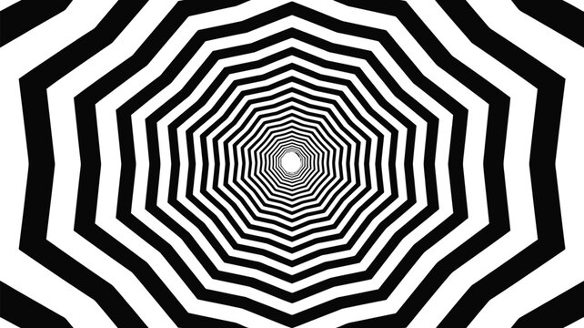 Optical illusion background vector with black and white concentric wavy star lines forming a hypnotic concentric abstract tunnel pattern