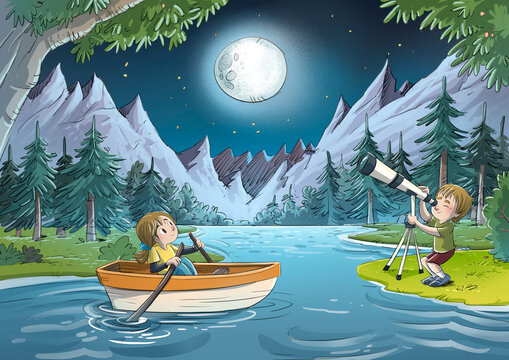 Scene of children observing the moon in nature at night, illustration
