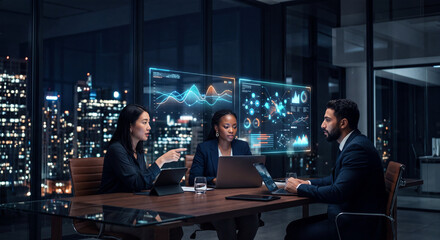 Obraz premium Diverse business team in dark night office illuminated by blue holographic AI displays, cinematic corporate technology