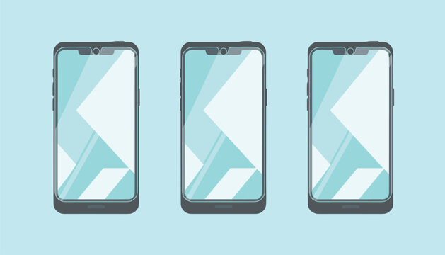 Set of three modern smartphones with glass screen protectors installed shown in clean vector style on light blue background.