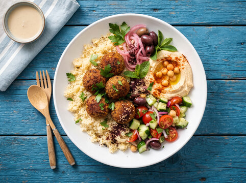 Falafel bowl with couscous, hummus, salad, and olives on blue wooden background.