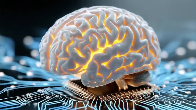 AI Brain Power: A glowing, intricate illustration of a human brain, illuminated by internal light, rests atop a futuristic microchip, surrounded by glowing circuit board pathways.
