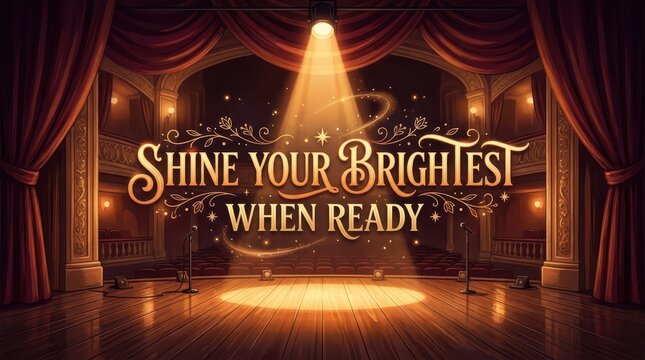 Theatrical Stage with Spotlight and Motivational Text "Shine Your Brightest When Ready"