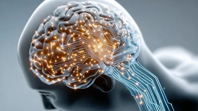 Digital Brain Network: A stylized 3D illustration depicting a human brain rendered with intricate circuitry and glowing nodes, symbolizing advanced neural networks and artificial intelligence.