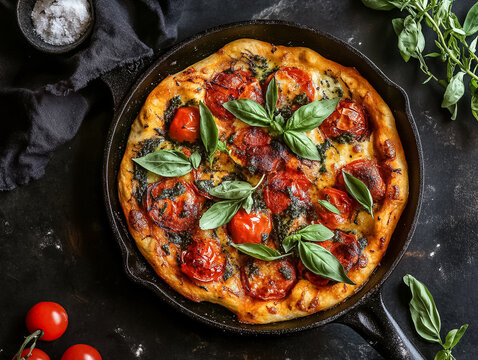 Fresh Baked Skillet Pizza with Basil