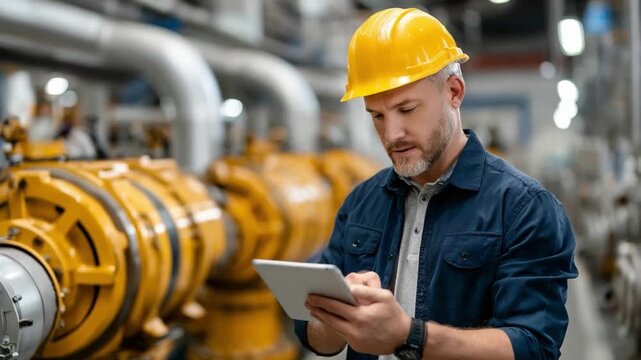 Engineer Overseeing Industrial Machinery: A focused engineer, wearing a yellow hard hat and a blue uniform, inspects industrial machinery on a tablet.