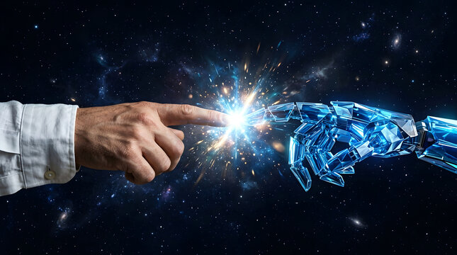 Hand and robot hand touch in space