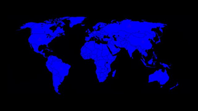 danger warning neon lights icons on wold map isolated alpha channel animation, red neon lights sembol on earth overlay social media motion design element