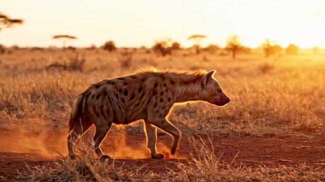 A spotted hyena walks across the dry grassy plains of the African savanna searching for prey during the warm glowing golden hour light while dust kicks up from the ground under its heavy paws