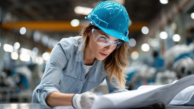 Focused Engineer at Work: A determined female engineer in a blue hard hat and safety glasses meticulously reviews blueprints in a busy factory setting, highlighting precision and dedication.