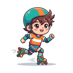 Chibi style boy with helmet and roller skates, running happily, pixel art