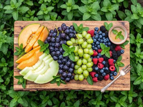 Fresh fruit platter with cantaloupe, grapes, berries, and honey on rustic wooden board.