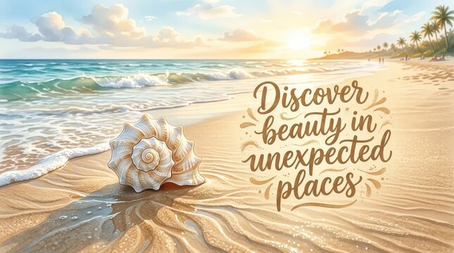 Seashell on Sandy Beach at Sunset with Inspirational Quote 'Discover beauty in unexpected places' and Tropical Palm Trees