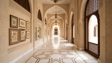 Fototapeta premium Refined Islamic museum hallway featuring polished marble floors, elegant arches, framed artwork, and harmonious architectural symmetry.