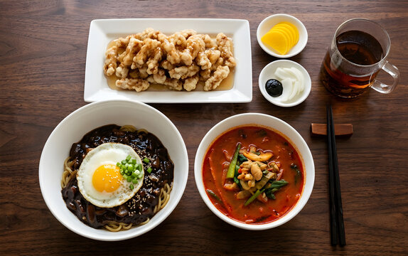 Weekend lunch Chinese menu: Black Bean Noodles, Sweet and Sour Pork, and Spicy Seafood Noodle Soup.