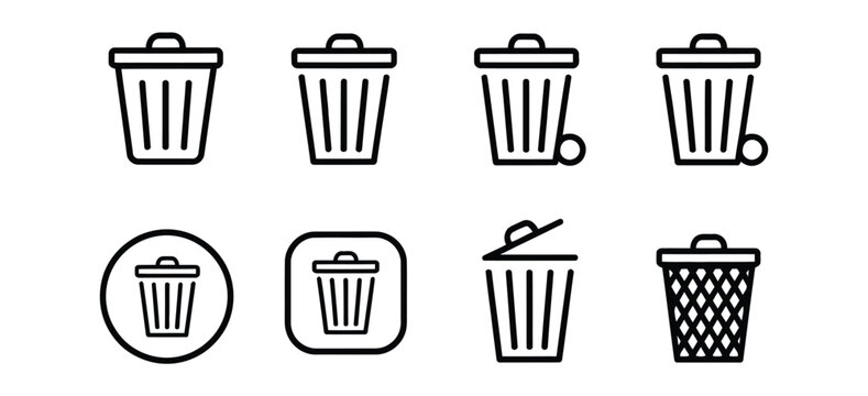 Trash can icons featuring clean minimalist line art waste bin symbols with multiple container styles for user interface design, recycling systems, delete actions, web applications, and digital project