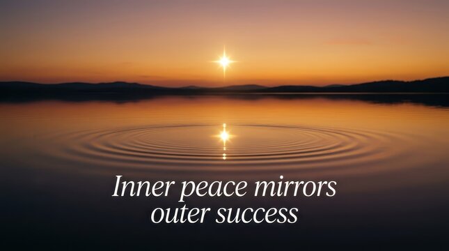 Serene sunset over calm water with ripples, reflecting the sun and inspiring quote about inner peace and outer success