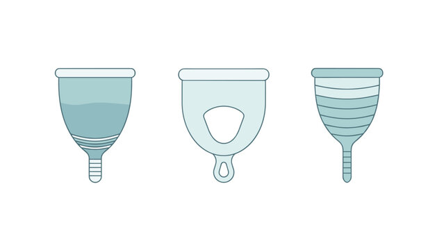 Three different designs of reusable silicone menstrual cups presenting eco-friendly feminine hygiene options on white.