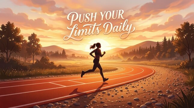 Silhouette of a woman running on a track at sunrise with motivational text 'Push Your Limits Daily'