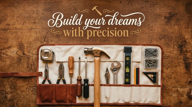 Set of carpentry and DIY tools laid out in a roll-up pouch on a wooden background with inspirational text