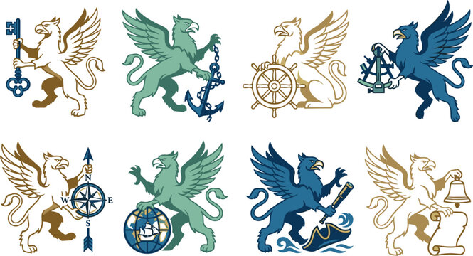Medieval griffin heraldic crests and mythical fantasy creature maritime logo icons collection isolated on white background