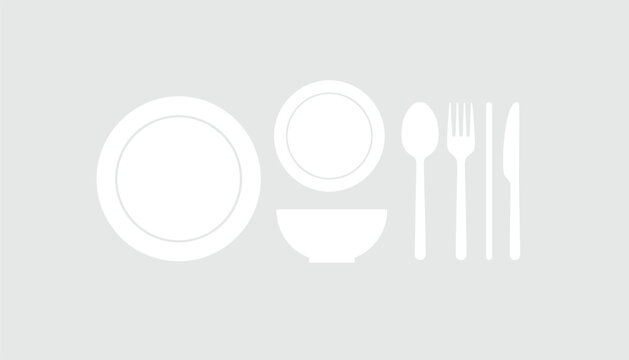 Elegant minimalist table setting silhouette depicting plates bowl spoon fork straw and knife on a grey background.