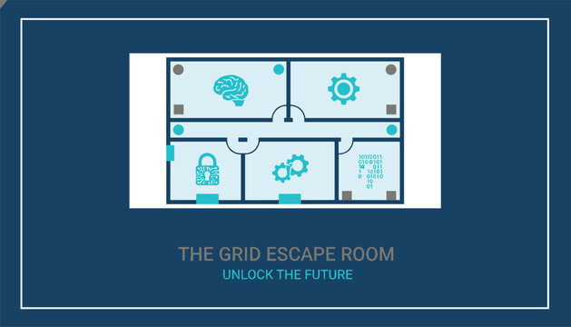 Interactive escape room layout banner displaying puzzle elements such as brain gear lock and digital binary codes.