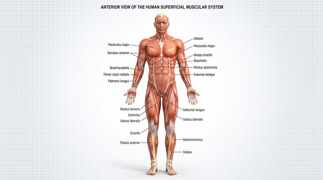 Anterior View Human Male Superficial Muscular System Diagram