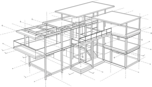 Isometric Steel Frame Building Structural Blueprint with Exploded Architectural Construction CAD Drawing and Engineering Wireframe Illustration