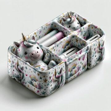 Fantasy inspired unicorn desktop organizer designed for 3D printing with multiple storage compartments and decorative details.
