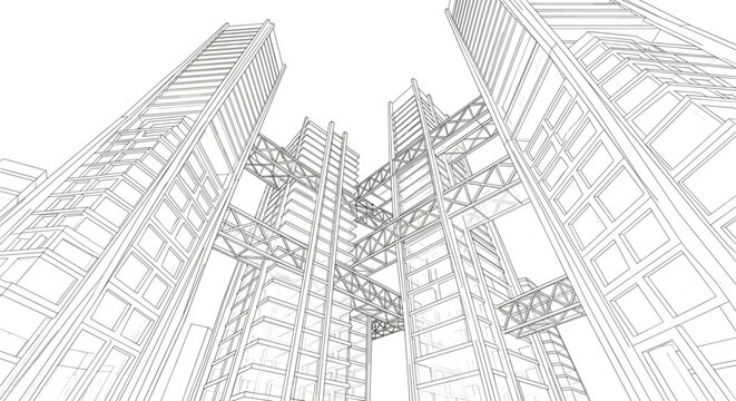 Modern High Rise Building Wireframe Perspective with Structural Steel Framework Architectural CAD Blueprint Line Drawing Illustration