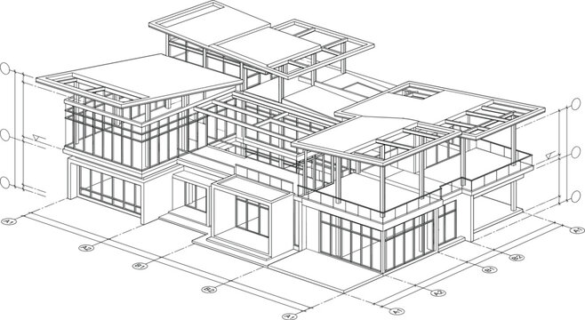 Modern Isometric Steel Frame House Architectural CAD Blueprint with Structural Wireframe and Residential Construction Engineering Illustration