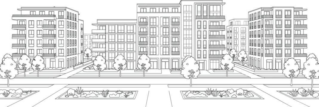 Modern Residential Apartment Complex Streetscape Architectural CAD Line Drawing with Urban Housing Development Blueprint Illustration