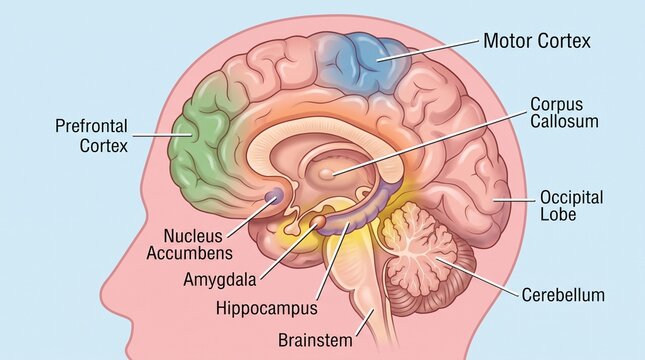 Human brain anatomy diagram showing major functional regions