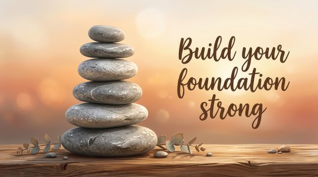 Stacked balanced stones with inspirational text 'Build Your Foundation Strong' against a soft bokeh sunset background