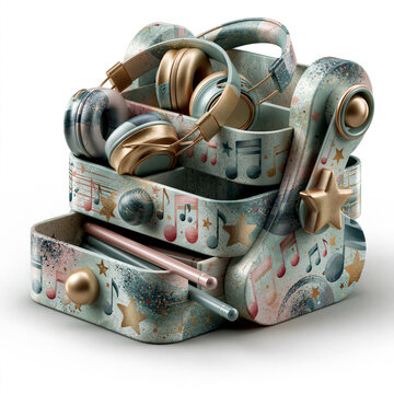 Music inspired desktop organizer with decorative notes and multiple storage compartments designed for 3D printing.