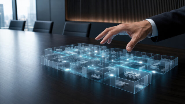 Business Hand Controlling Smart Office Floorplan Hologram