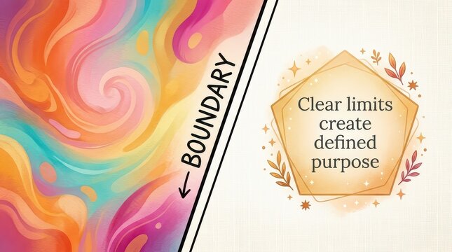 Abstract colorful swirling background with a pentagon shape and inspirational quote about clear limits creating purpose