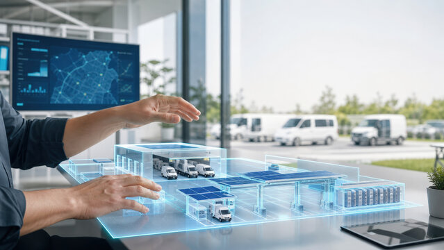 Electric Fleet Engineer Planning Holographic Vehicle Depot Charging Bays and Solar Canopy