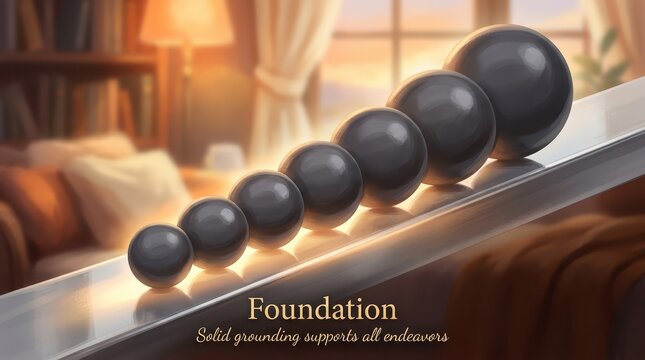 Abstract concept of foundation and growth represented by a line of spheres in increasing size, symbolizing stability and progress