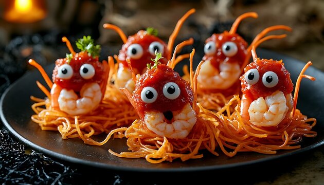 Funny halloween shrimp snacks with googly eyes and shredded carrot nests on a black plate for party food