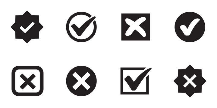 Check tick mark icon set. Cross box x check mark checkbox list vector. Checklist symbol wrong right circle. Symbols of approval and rejection. 