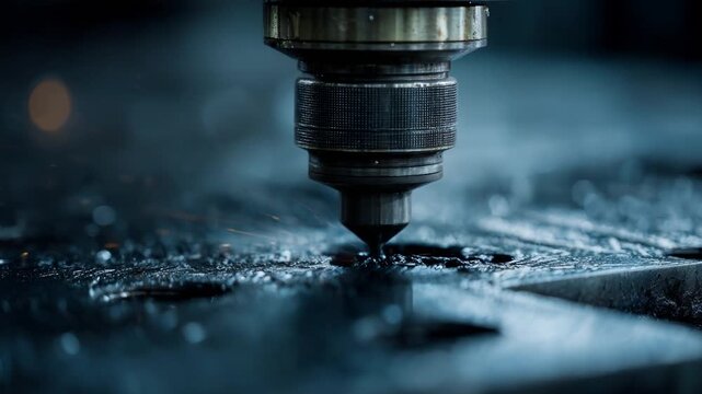 Industrial laser cutter carving metal sheet with sparks flying in a manufacturing plant