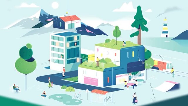 Smart Eco City with Sustainable Urban Development, Public Spaces and Community Lifestyle 2D Animation