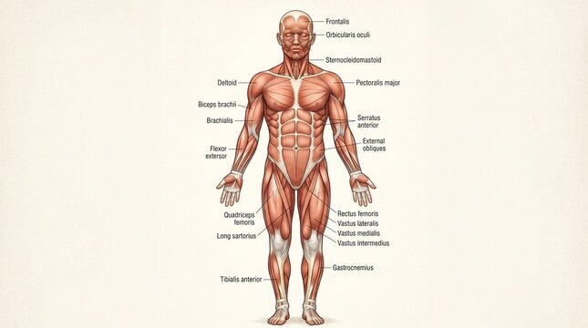 Anterior View Human Male Superficial Muscular System Diagram