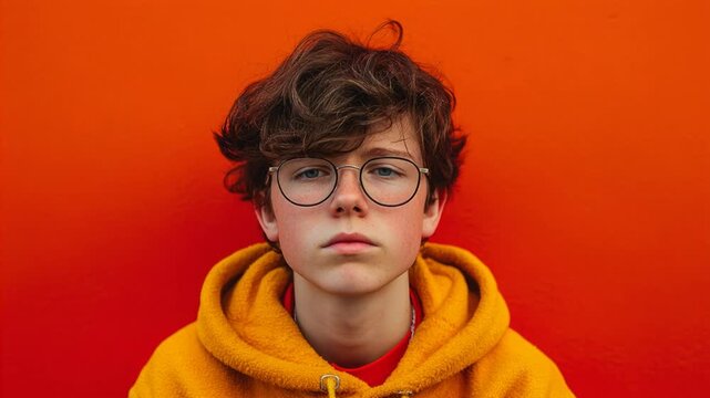 Serious young man with curly hair and glasses looking up and down against a vibrant orange wall