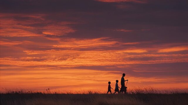 Mother and two children walking with their dog in a field against a beautiful orange and red sunset