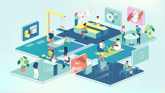 Isometric Smart City Infrastructure with Connected Public Services and Digital Urban Management Animation